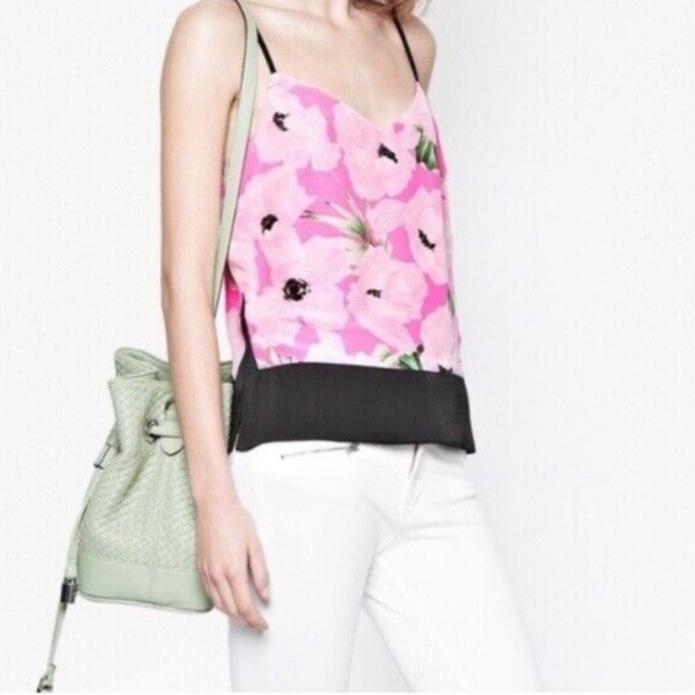 New FRENCH CONNECTION Holiday Poppy Polly Tank Top Pink Floral Cami Blouse Black